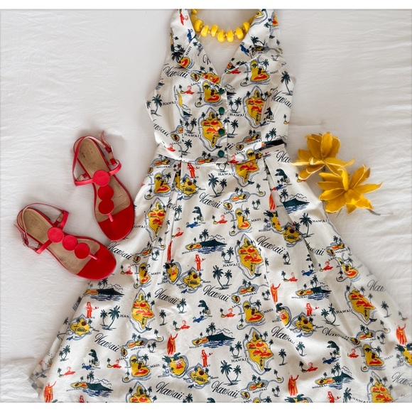 Modcloth Hawaii Print "Genuine Genius Halter Shirtdress in Island” - Picture 3 of 12